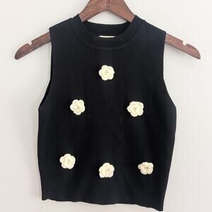 Women's RIVIR Black Sleeveless  Sweater Top with Cream Floral Accents